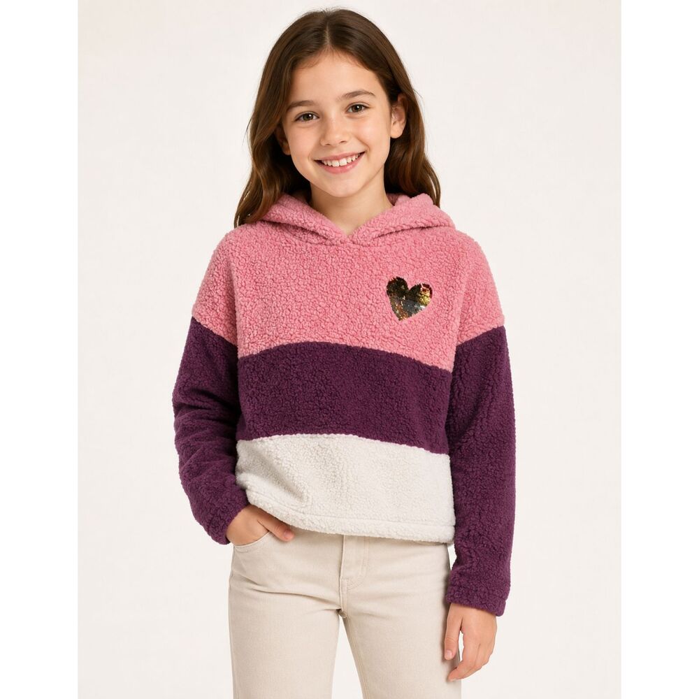 Girls Hoodie Large Pink Cream Sherpa Sequin Heart Patch Colorblock Pullover